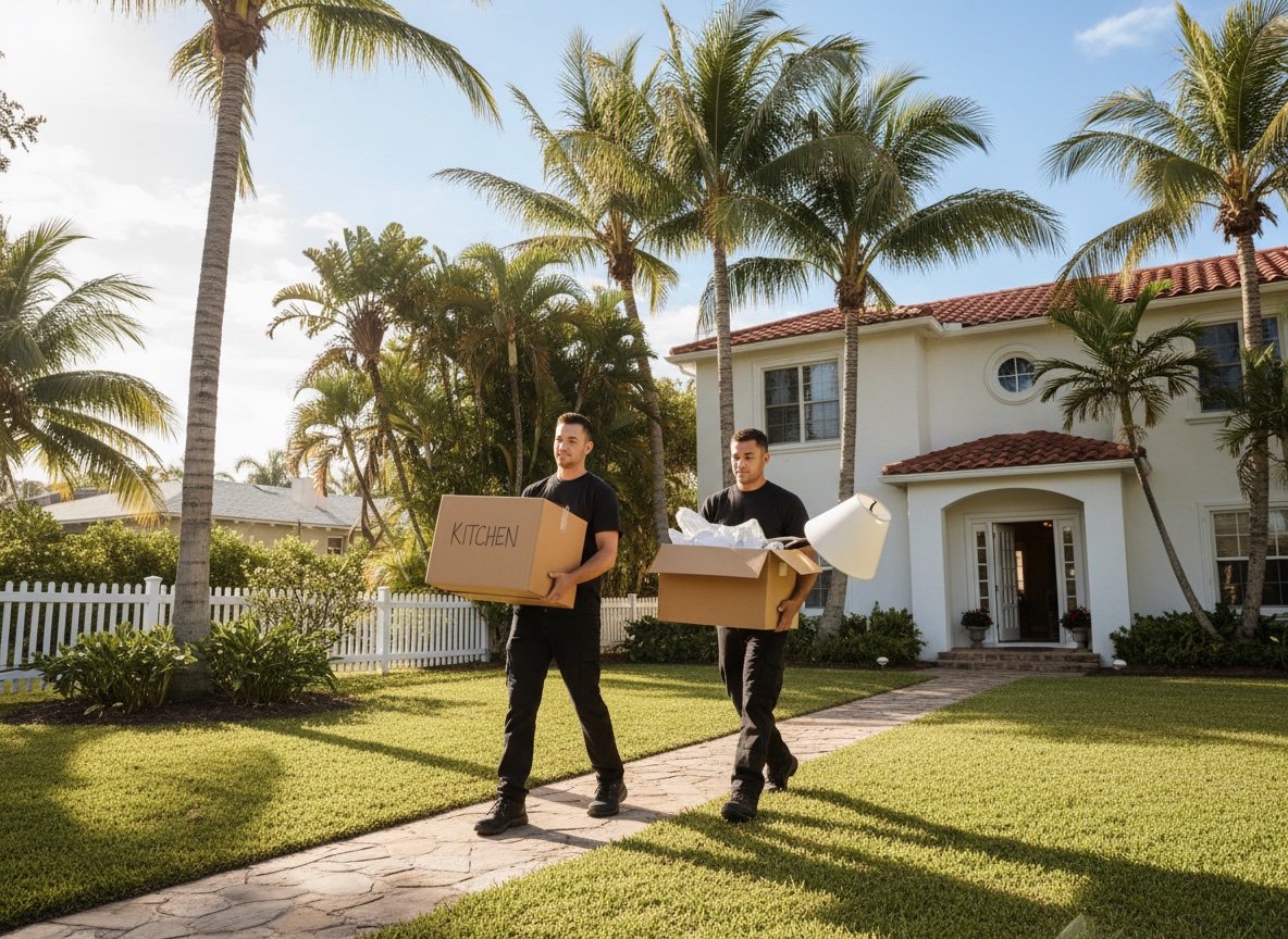 Two movers carrying stacks of boxes
