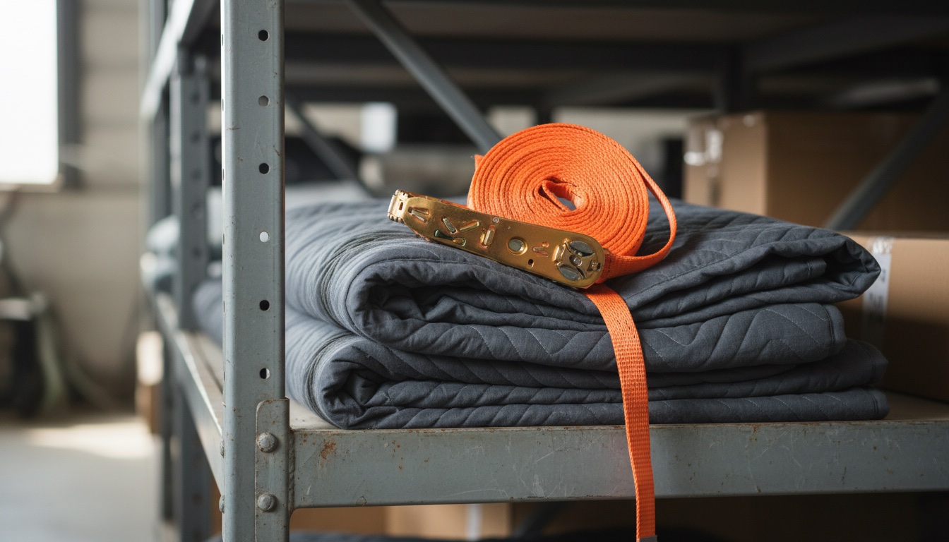 Orange ratchet strap on a quilted moving blanket