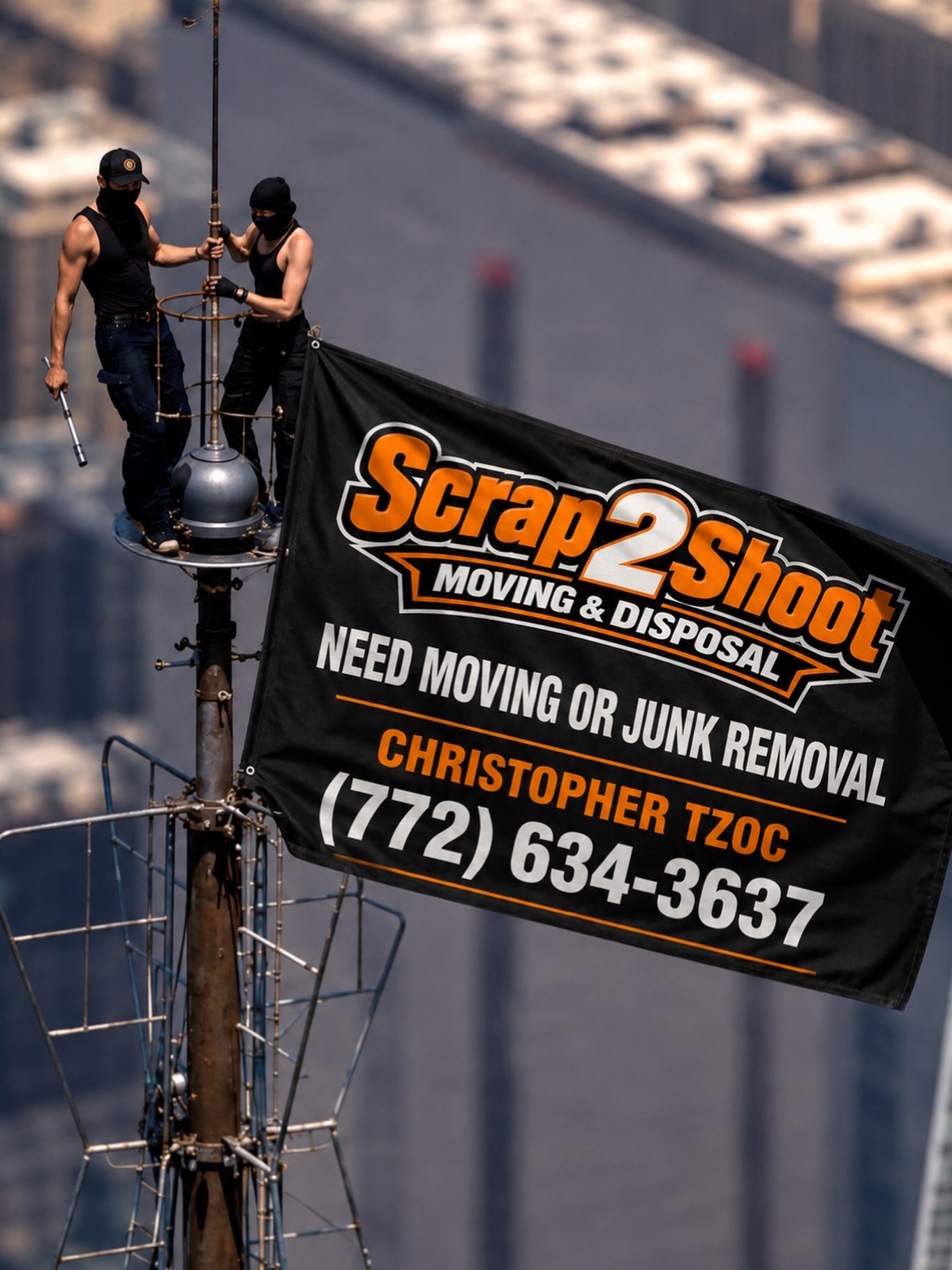 A Scrap2Shoot flag flying over the city