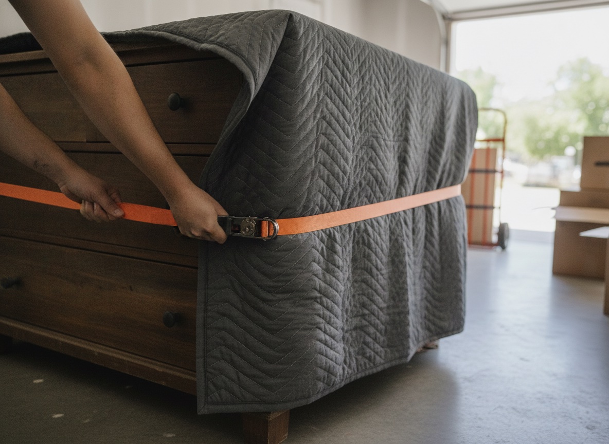 A mover wrapping a dresser in a quilted moving blanket