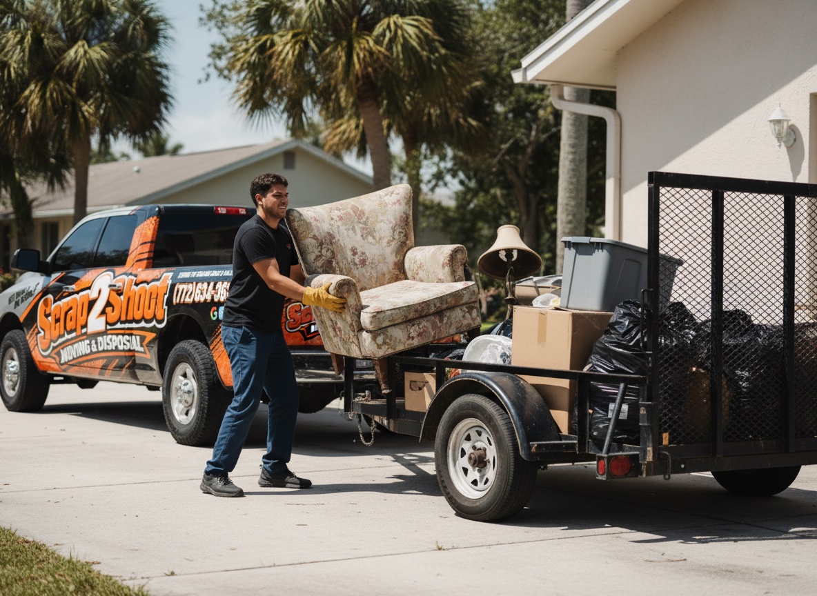 A mover loading old furniture onto a disposal trailer