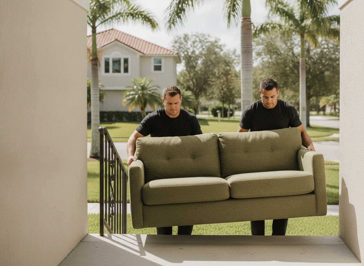 Two movers carrying a sofa down house steps